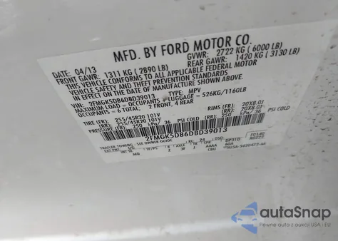 2013 Ford Flex Limited z USA, uszkodzony, nr VIN 2FMGK5D86DBD39013